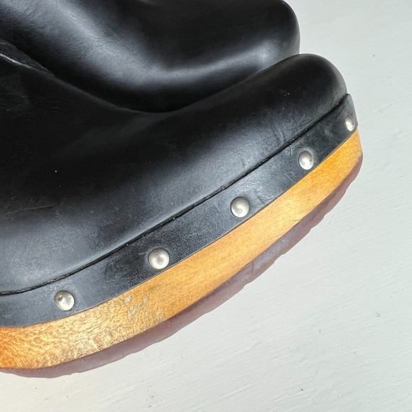 UGG Womens Black Leather Clogs Studded Wood Sole Block Heel Mule Sherpa Size 9 - Picture 10 of 14